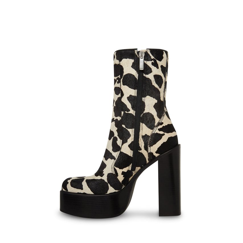 Black / White Steve Madden Dwane-c Cow Print Women's Ankle Boots | PH 2894BAY